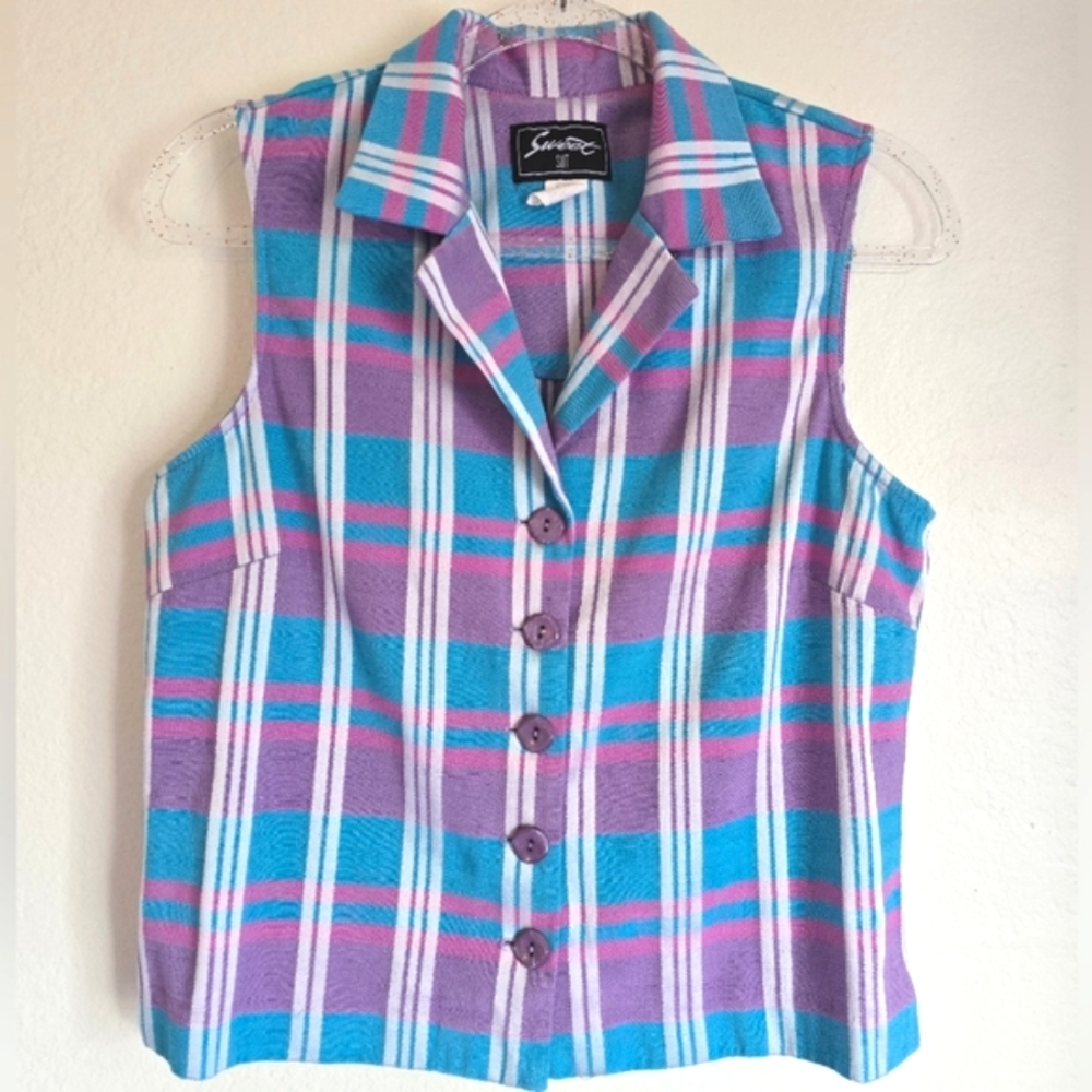 Vintage Pastel Plaid Suit Vest Tank Top - Picture 9 of 9